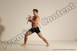 Underwear Fighting with axe Man White Muscular Short Brown Dynamic poses Academic